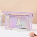 Pink iridescent makeup bag set with transparent PVC outer case and plush letter A patch - Purple [A]