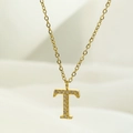 Gold plated titanium steel initial T necklace featuring micro-set white zircon stones - Letter T / Gold