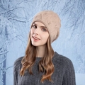 Winter chunky knit beanie in beige with pearl accents and warm ear protection - Khaki