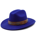 Deep blue wool felt jazz hat featuring a brown leather strap with silver metal studs - M (56-58cm) / Sapphire Blue