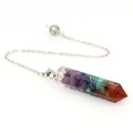 Close-up of hexagonal resin pendulum with seven chakra natural crystal stones and silver chain - Hexagonal Column + Hollow Ball Chain
