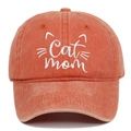 Close-up of Cat Mom embroidery on orange washed cotton vintage baseball cap - Orange Red