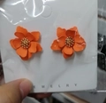Elegant multi-layered orange flower stud earrings with gold stamen on white display card - Orange KC Gold (WEH1955)