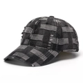 Close-up of distressed denim baseball cap with checkered woven texture and frayed edges - One Size(Adjustable) / Smoke Gray (E)