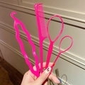 Pink 4-piece hair styling set for kids including comb and plastic braiding tools - Style 3 Bun Maker Kit (D4-056) / Four-Piece Set / Rose Red