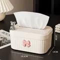 Cream white ribbed tissue box featuring a silver bear ornament and pink bow decoration - Cream White (With Bear & Bow)
