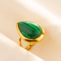 Detailed macro view of an adjustable gold ring featuring a teardrop green malachite stone - Gold Base Green Stone (J535-G-G)