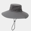 Detail of wide brim sun hat featuring metal vents and adjustable windproof strap - One Size / Gray