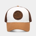 Three-tone mesh trucker hat with faux suede brim and embossed leather enjoy life patch - Adjustable / White + Camel Brim