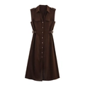 Dark brown sleeveless shirt dress with lapel collar, utility pockets, and waist buckles - Brown / XS