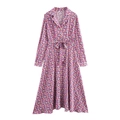 Franse gebloemde jurk met lange mouwen, knoopsluiting en tailleband op witte achtergrond - XS / Blauw Bloemen
