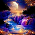 5D DIY Diamantmalerei-Set mit leuchtendem goldenem Mond über einem lila Wasserfall - Größe 3 / Goldener Mond Wasserfall (Stil C)
