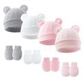Infant cotton knit hat with ears and anti-scratch mittens set in pink, grey and white - Multi-Pack Hat And Mittens / Pink, White, Gray And Light Pink