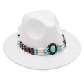 Detail of ethnic fedora hat featuring turquoise bronze ornament and beaded bohemian band - One Size / White