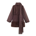 Bruine chiffon jurk met polkadots, elegante stropdas en luxe rand van imitatiebont - XS / koffiekleur