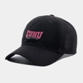 Détail de casquette vintage en coton noir avec broderie CUHU rose et visière courbée - Réglable / Noir