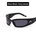 Glossy black wrap sunglasses with grey lenses and silver crescent moon logo on temple - Glossy Black/Grey Lens