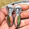 Frida Kahlo inspired gold floral earrings with pink and green stones and metal mask charms - S602 Artist Portrait
