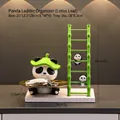 Panda storage figurine with gold tray and lotus leaf hat in green and white resin - Panda Ladder Storage [Lotus Leaf]