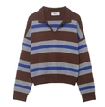Close-up of the V-neck polo collar and striped knit texture of this long sleeve sweater - M / Blue Coffee Stripe