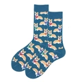 Mid-calf knitted socks in navy blue featuring colorful cartoon Corgi patterns and ribbed cuffs - Deep Blue Corgi