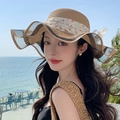Straw sun hat with lace, pearls and black mesh details including matching woven beach bag - Wave Floral Khaki
