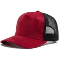 Classic red suede trucker hat with black breathable mesh and curved brim design - Adjustable / Burgundy