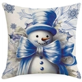 Detailed view of square pillowcase with smiling snowman and blue silk bow pattern - 45x45cm Single Side No Core / Blue Snowman