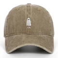 Vintage khaki washed cotton baseball cap with funny ghost embroidery for Halloween - Khaki
