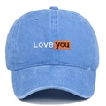 Detailed view of Love you embroidery on washed blue cotton vintage baseball cap - Adjustable / Light Blue