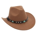 Chapeau de cowboy en feutre marron avec bande en cuir noir et clous turquoise - M (56-58cm) / Nouveau Khaki (Cowboy Turquoise)