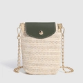 Straw cell phone bag with cream herringbone weave, green leather flap, and gold chain - Off White-Green