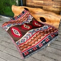 Detail of bohemian jacquard blanket featuring ethnic geometric patterns and fringe edges - Kilim Red Blue / 90x90cm