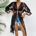 Detail of black lace crochet kimono cardigan with tassel ties and embroidery texture - One Size / Black
