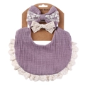 Purple muslin baby bib with beige lace trim and matching bow headbands set - Light Purple