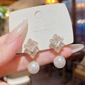 Elegant 925 silver needle drop earrings featuring zircon crystals and a large white pearl - E0188 Gold Silver Needle (Step Zircon Pearl Dangle Gold White)