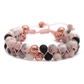 Bracelet tressé double couche avec pierre zébrée rose, pierre de lave et perles or rose - Cordon de serrage réglable / Corde tressée rose double rangée