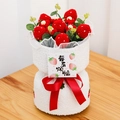 Handmade crochet strawberry flower bouquet with white fleece wrap and red bow - 6 Strawberries Bouquet