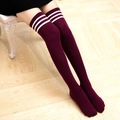 Thigh-high cotton blend burgundy socks with white triple stripes in athletic college style - Wine Red Striped