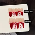 Handmade red and white lace press-on nails with bow and heart motifs in various shapes - W426-Long Oval / Large (L)