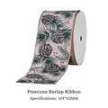 63mm Christmas wired ribbon with pinecone and berry patterns on faux linen fabric - Linen Pine Cone Red Berry