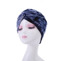 Women's blue tie-dye slouchy beanie hat featuring a stylish twisted front knot design - Blue & White Tie-Dye