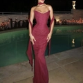 Elegant burgundy tube maxi dress with matching neck scarf and slim mermaid cut - XS / Burgundy