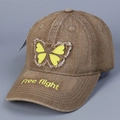 Close-up of brown denim baseball cap with yellow butterfly patch and brim embroidery - Camel / M (56-58cm)