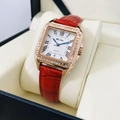 Elegant rose gold square watch with crystal bezel and red leather strap in a gift box - Pearl Shiny Red Leather Strap