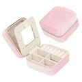 Pink velvet portable jewelry box with mirror, ring slots, and zipper closure - Zipper Style / Velvet Pink