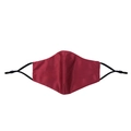 Close-up of deep red satin face mask with adjustable black ear loops on white background - Burgundy