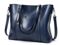 Large capacity dark blue leather tote bag with double handles and adjustable shoulder strap - Dark Blue