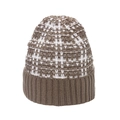 Detailed texture of brown and white checkered knit beanie with ribbed cuff for winter - M (56-58cm) / Khaki