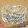 Macro shot of 7-row silver stretch bridal bracelet with shimmering crystal rhinestones - 7 Row Silver Clear Rhinestone Bracelet